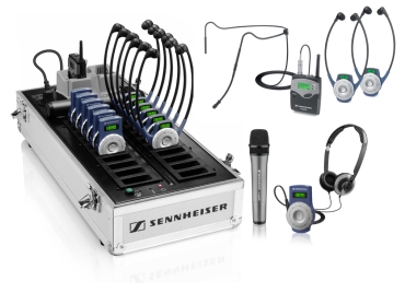 Sennheiser 2020-D tourguide system transmitters and receivers in charger/storage case