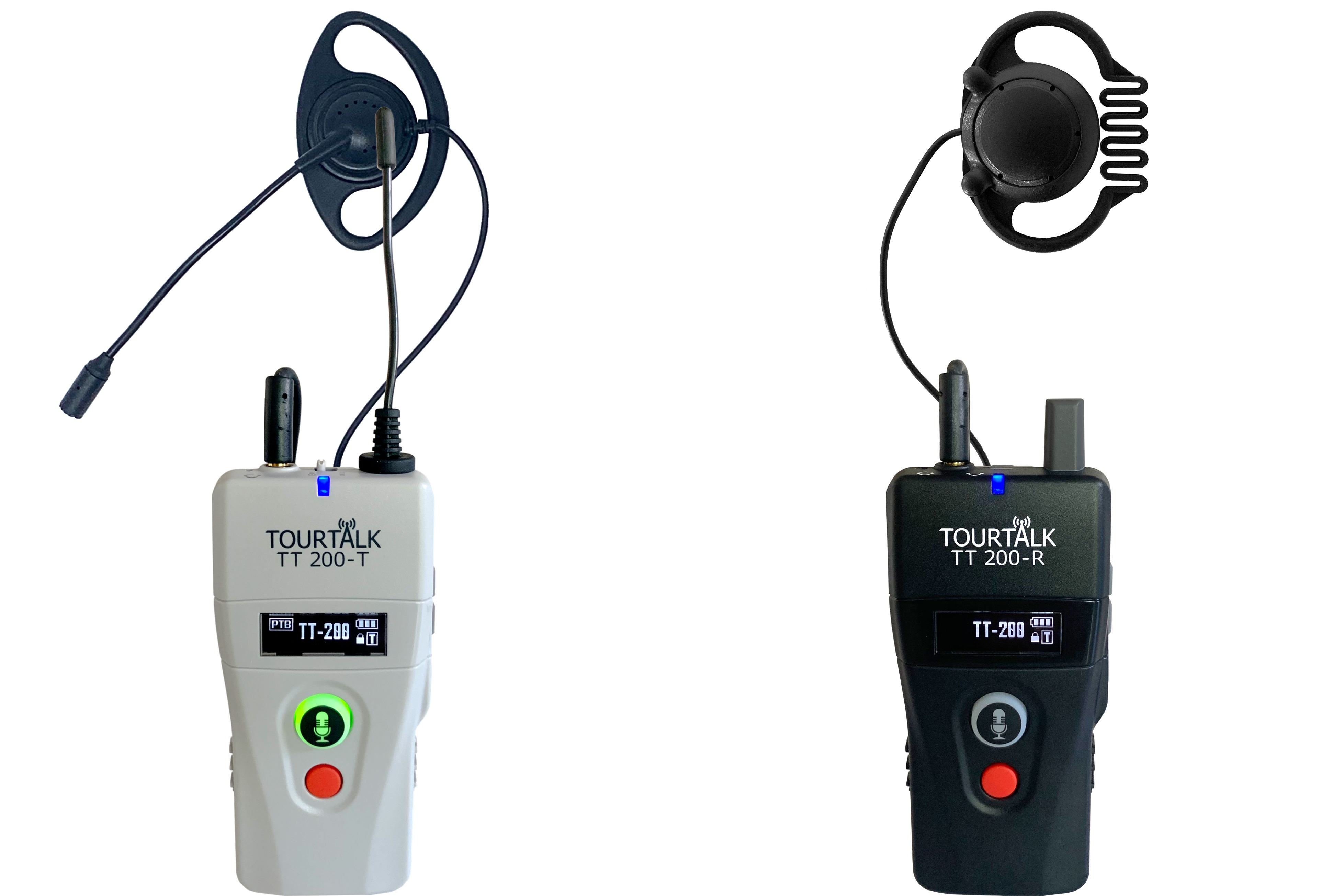 Tourtalk TT 200-T transmitter with TT-SEH headset and TT 200-R receiver with TT-SEP earphone